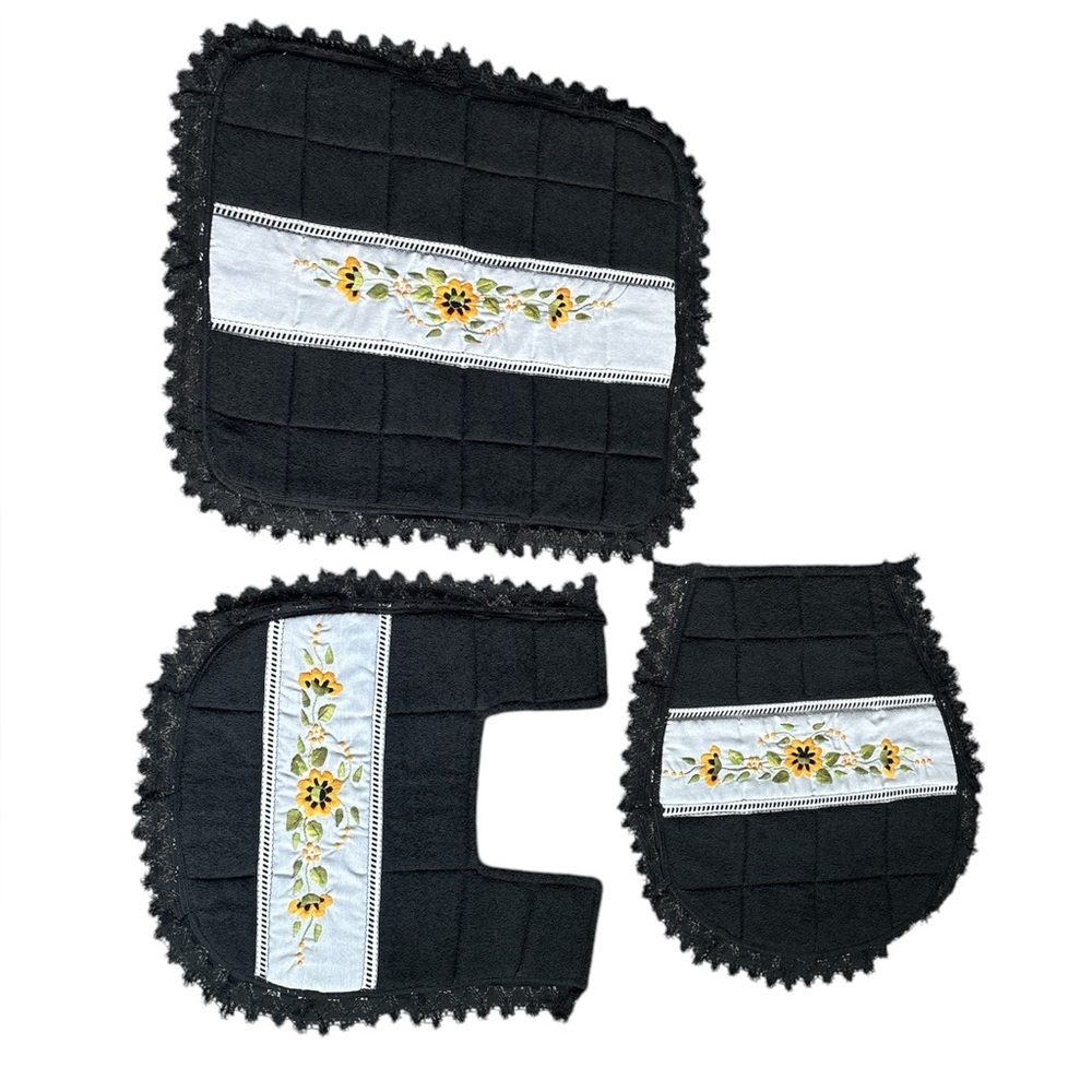 Black Quilted Bathroom Set with Floral Embroidery